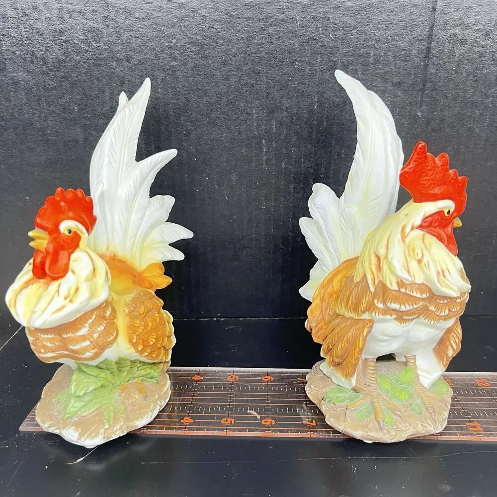 Vintage Rooster And Hen Porcelain Figurine Set of 2- Handpainted 5”x4”x9”h